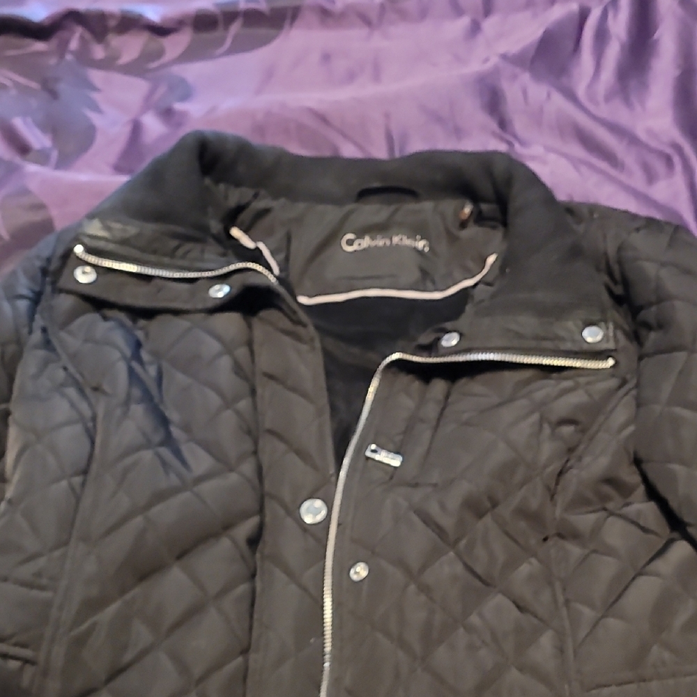 Calvin Klein Black Quilted Coat with Silver Details